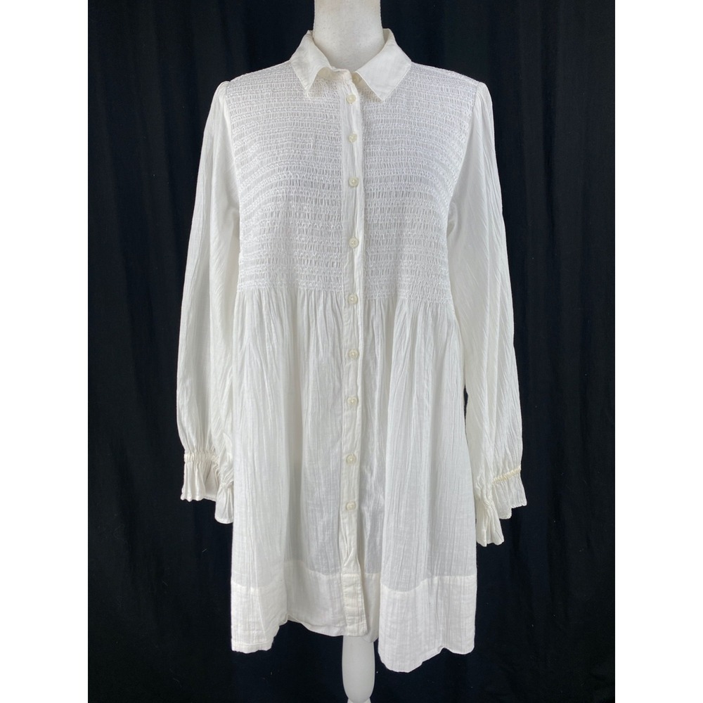 Maeve Anthropologie White Smocked Vicki Tunic Button Down Blouse 1X Prairie